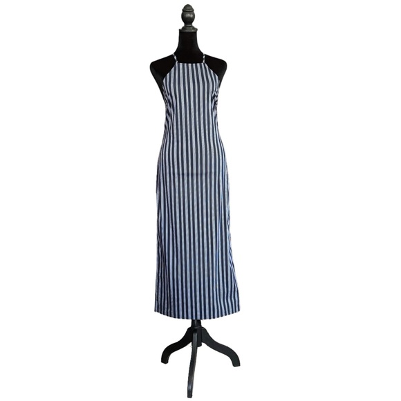 Small Forever21 Navy Striped Poplin Midi Dress - Picture 1 of 5